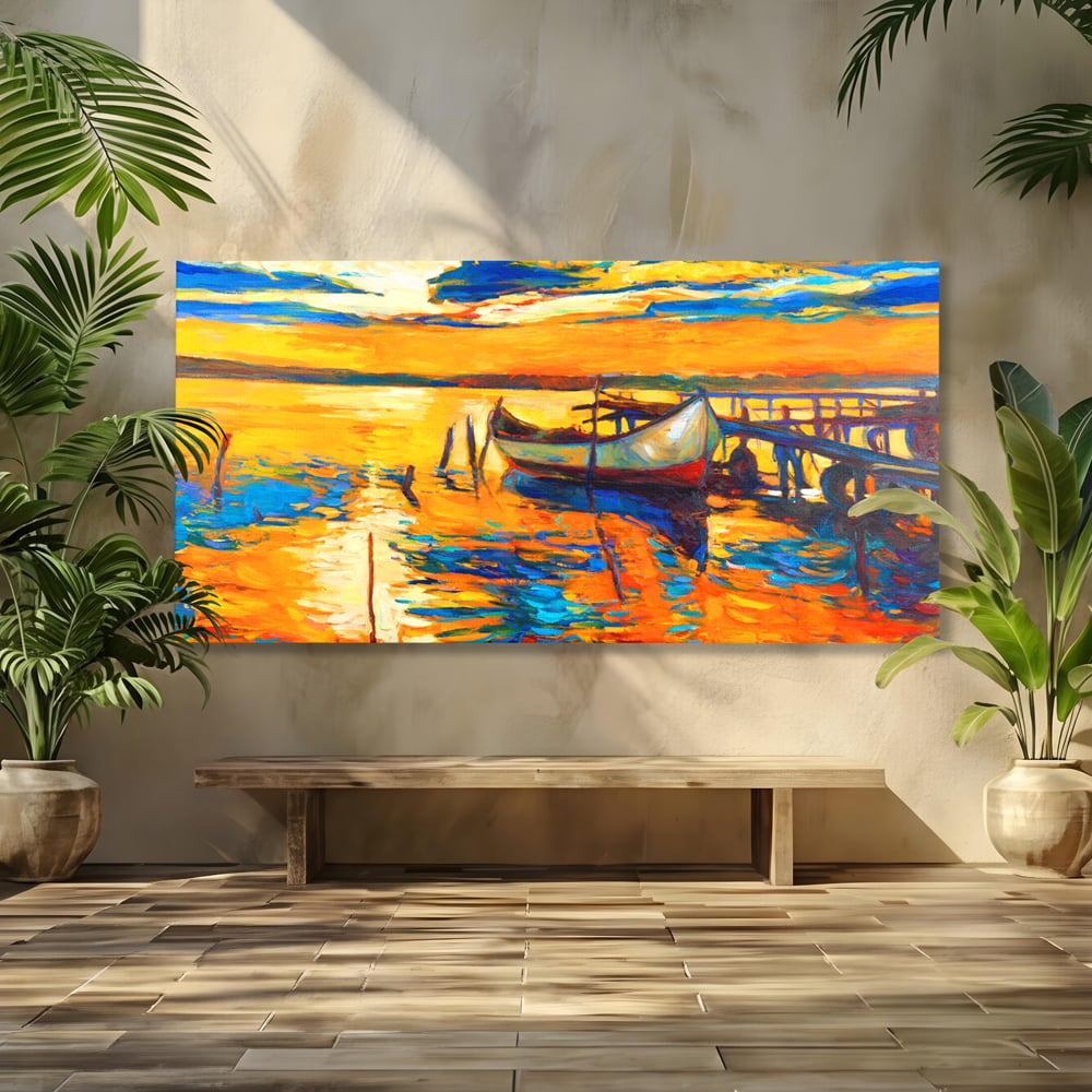 Tablou canvas cu pictura cu barca la apus, fara rama, pe sasiu de lemn